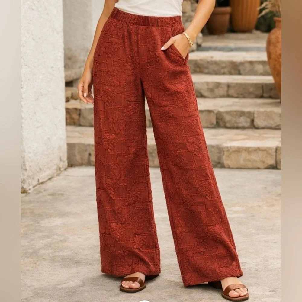 ZARA Women’s Rust Textured Jacquard Wide-Leg Pants Boho Floral Lounge Trousers M - Picture 1 of 12